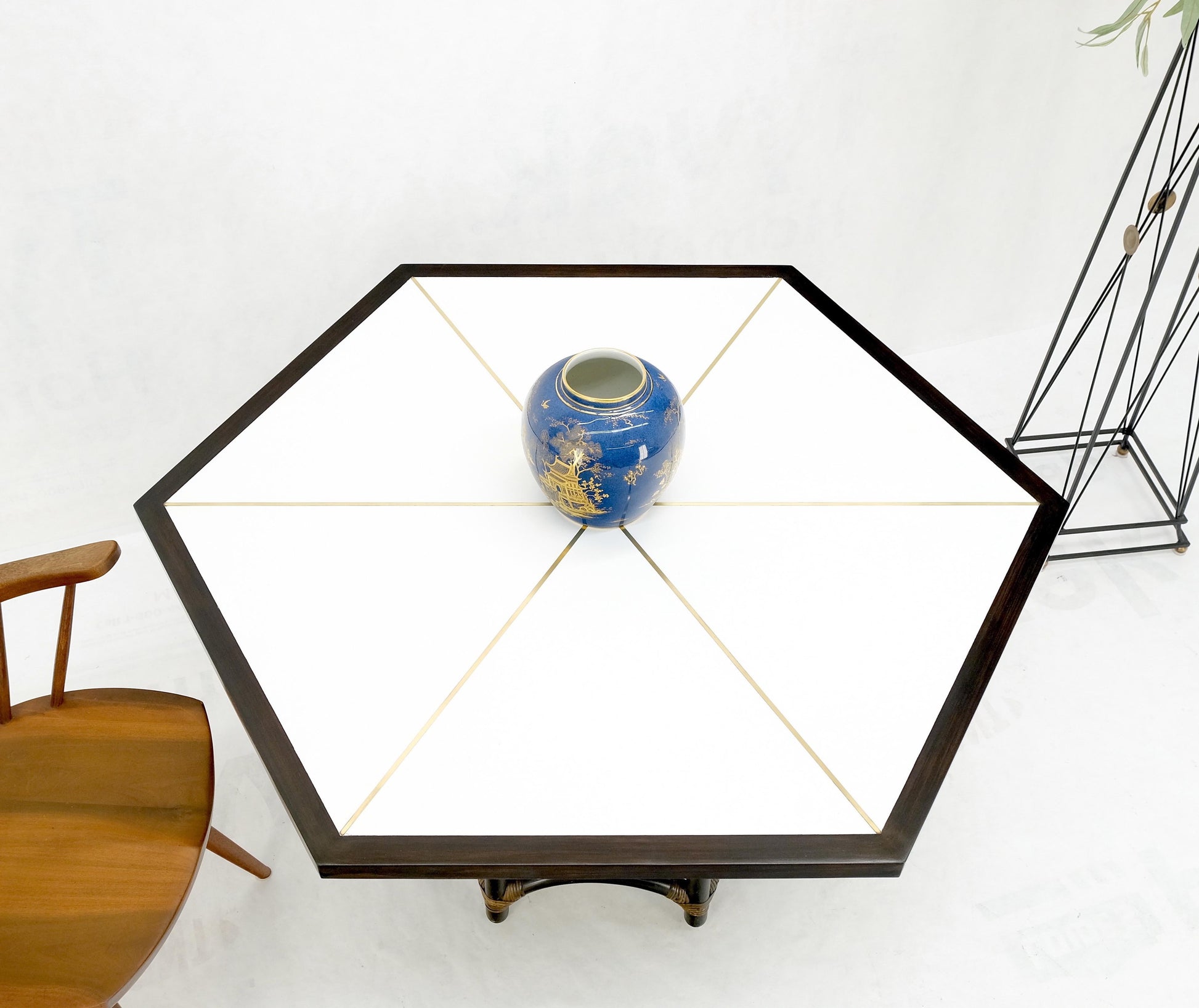 EstablishedLines Ebonised Bamboo Brass Inlay Mahogany Top Hexagon Card Game Poker Table MINT!
