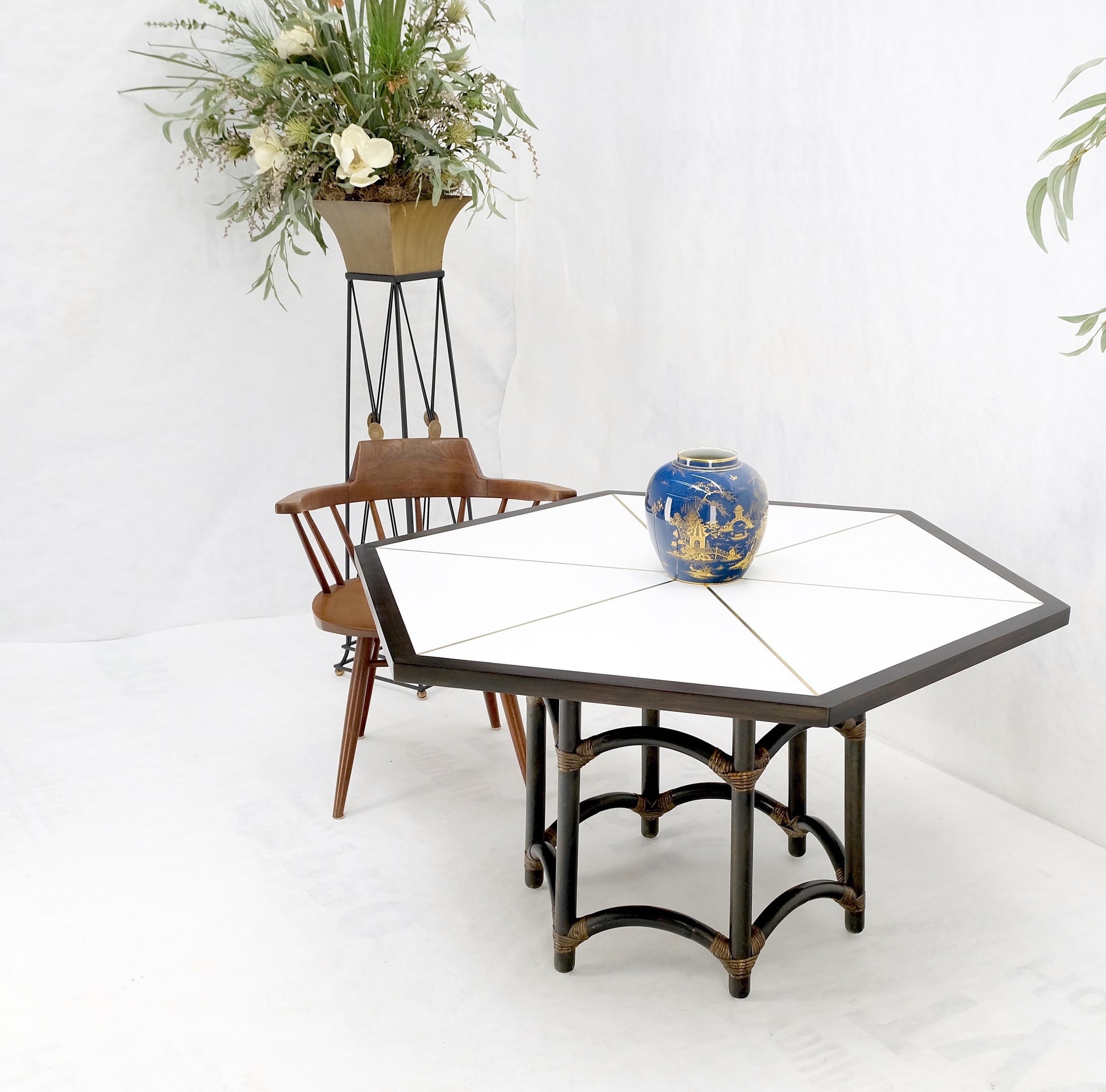 EstablishedLines Ebonised Bamboo Brass Inlay Mahogany Top Hexagon Card Game Poker Table MINT!