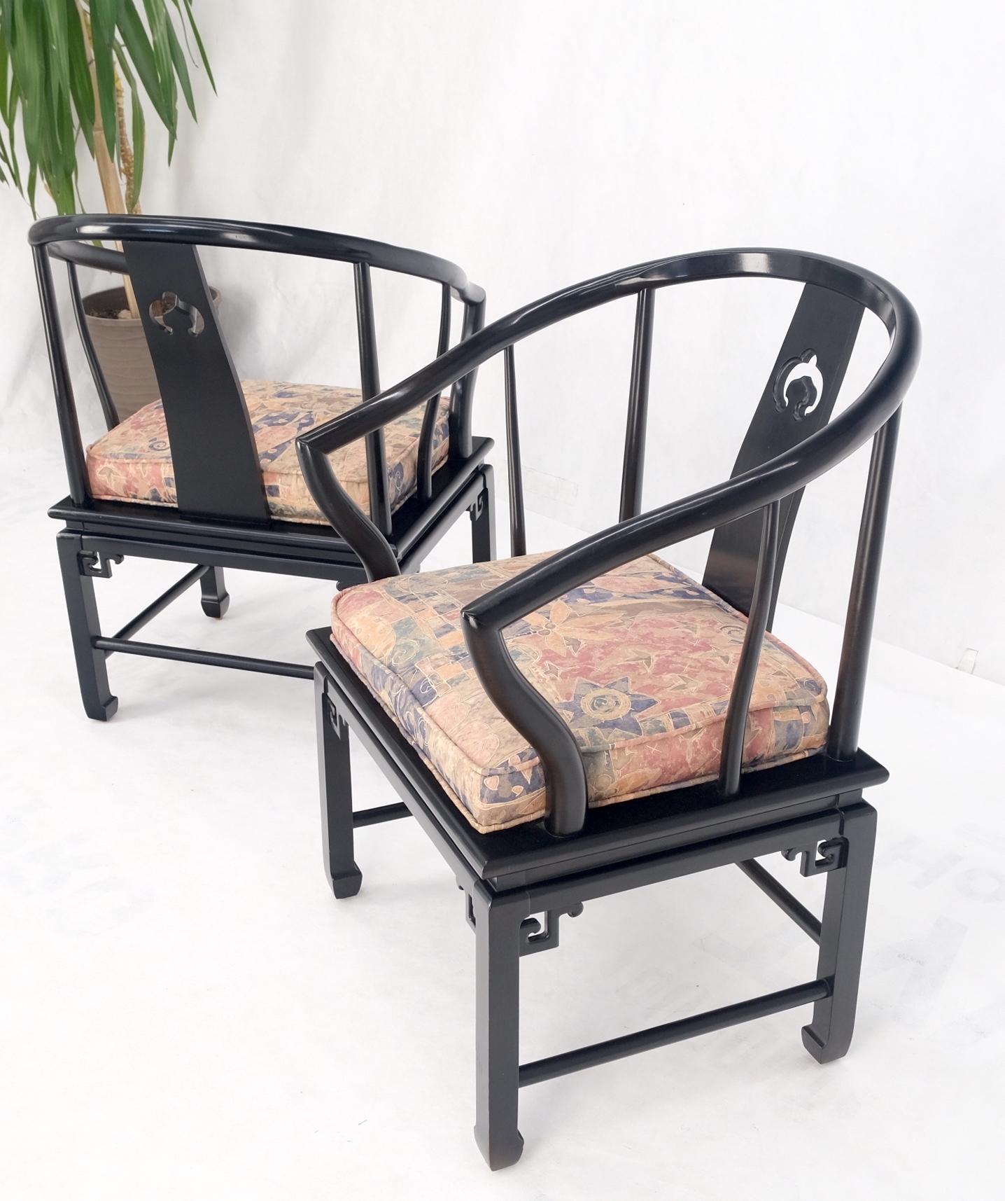 EstablishedLines Pair of Asian Modern Black Lacquer Barrel Horse Shoe Back Lounge Chairs Mint!