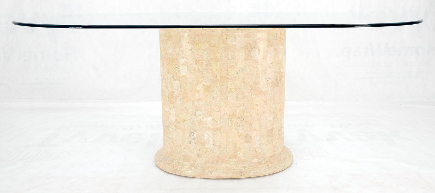 EstablishedLines Racetrack Oval Glass Top Single Tessellated Marble Pedestal Base Dining Table