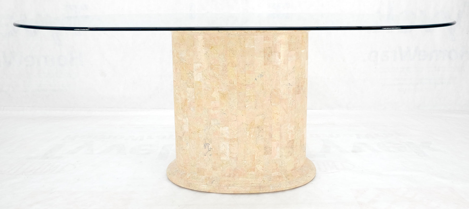 EstablishedLines Racetrack Oval Glass Top Single Tessellated Marble Pedestal Base Dining Table