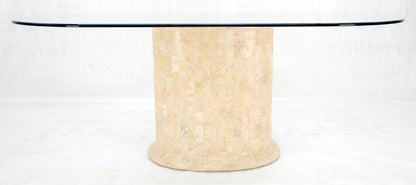 EstablishedLines Racetrack Oval Glass Top Single Tessellated Marble Pedestal Base Dining Table