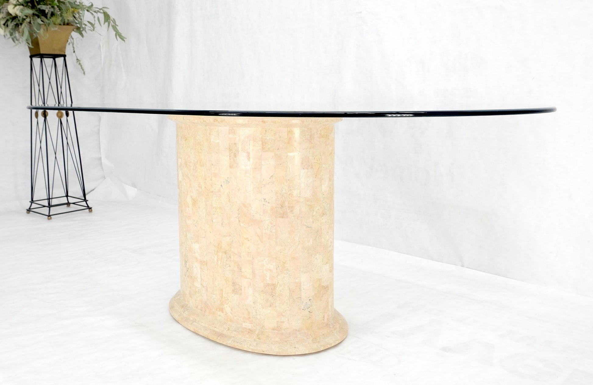 EstablishedLines Racetrack Oval Glass Top Single Tessellated Marble Pedestal Base Dining Table