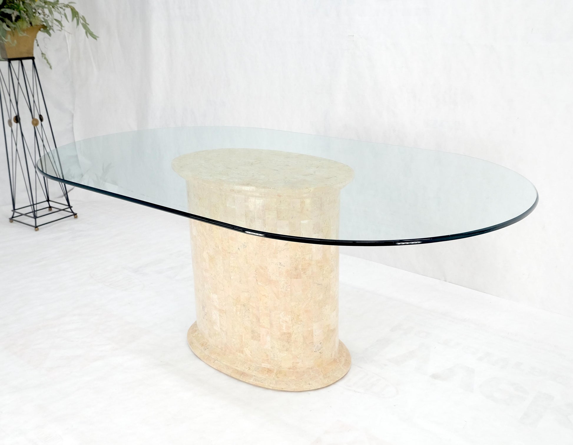 EstablishedLines Racetrack Oval Glass Top Single Tessellated Marble Pedestal Base Dining Table