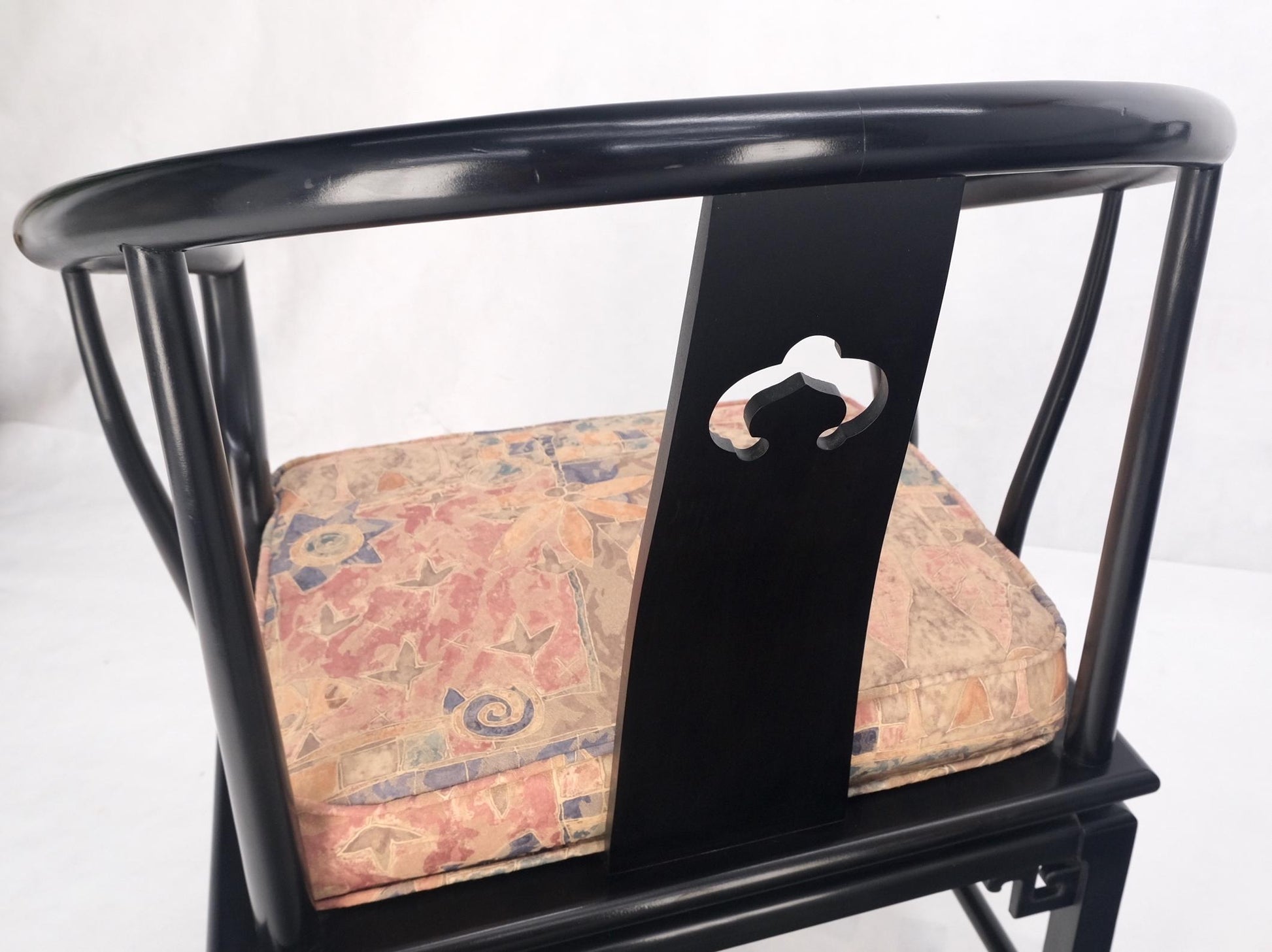 EstablishedLines Pair of Asian Modern Black Lacquer Barrel Horse Shoe Back Lounge Chairs Mint!