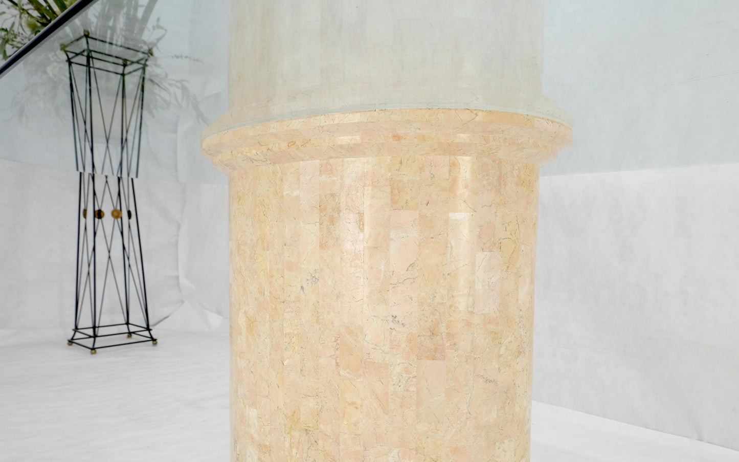 EstablishedLines Racetrack Oval Glass Top Single Tessellated Marble Pedestal Base Dining Table