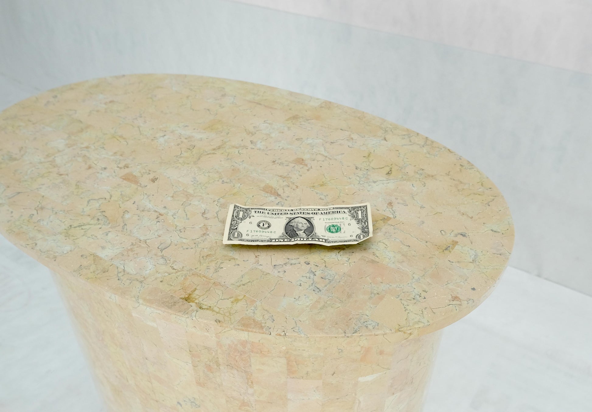 EstablishedLines Racetrack Oval Glass Top Single Tessellated Marble Pedestal Base Dining Table