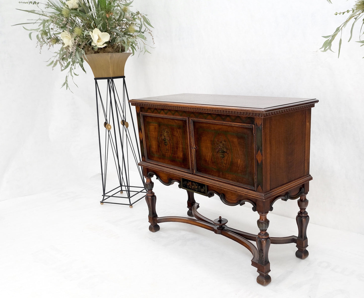 Paint Decorated Two Door Jacobean Style Turned Legs Stretcher Base Server Mint!