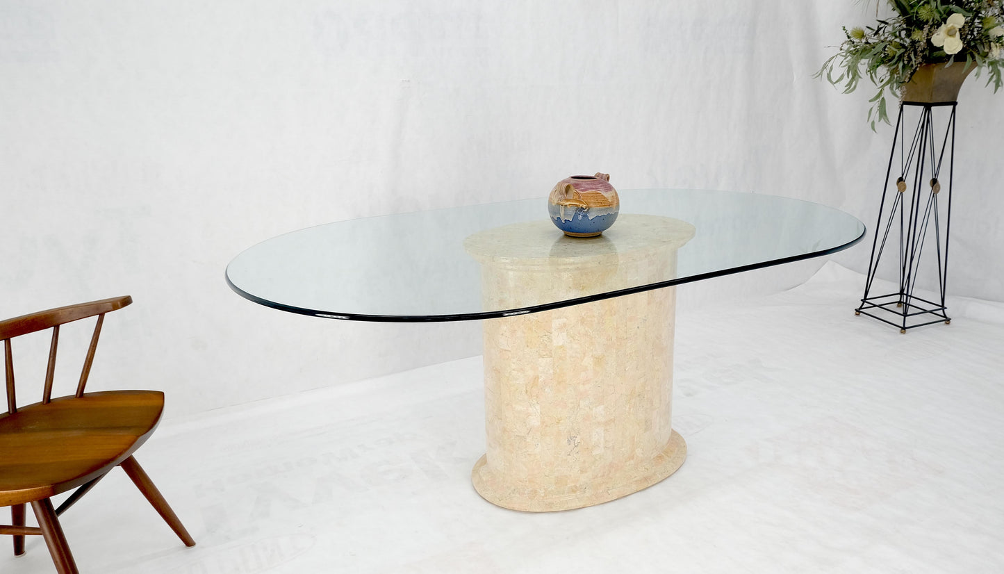 EstablishedLines Racetrack Oval Glass Top Single Tessellated Marble Pedestal Base Dining Table