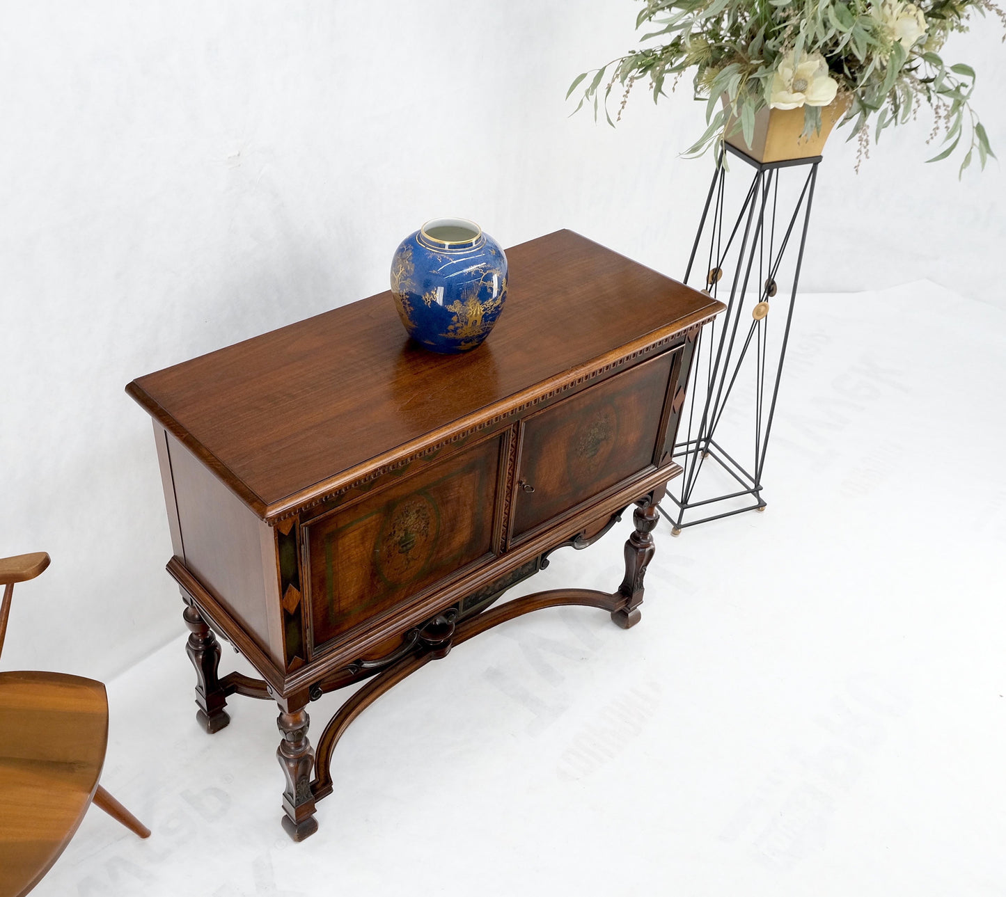 Paint Decorated Two Door Jacobean Style Turned Legs Stretcher Base Server Mint!