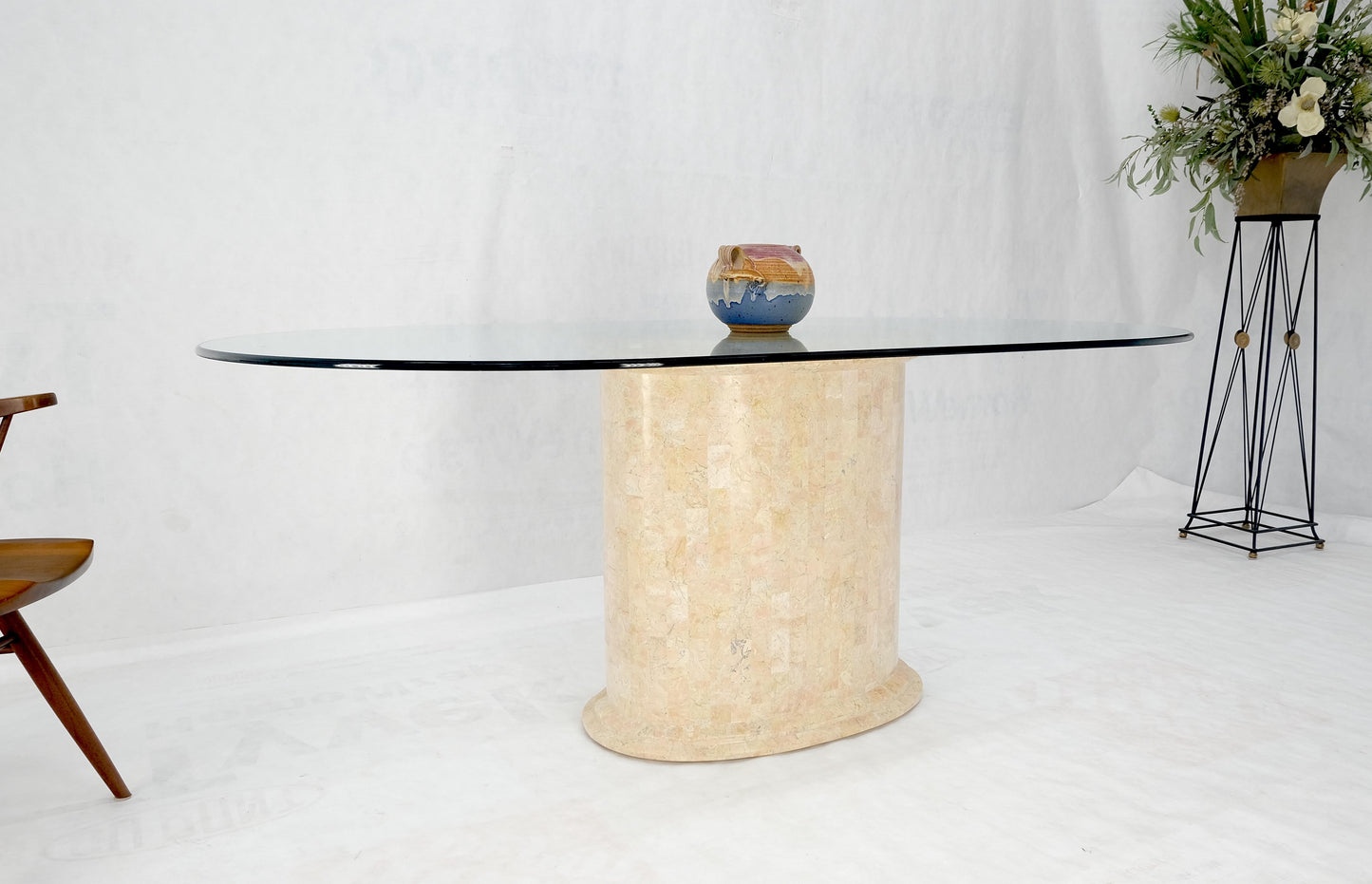 EstablishedLines Racetrack Oval Glass Top Single Tessellated Marble Pedestal Base Dining Table