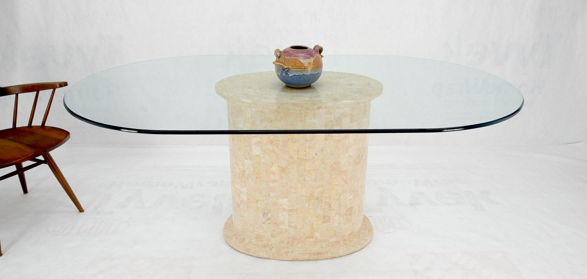 EstablishedLines Racetrack Oval Glass Top Single Tessellated Marble Pedestal Base Dining Table