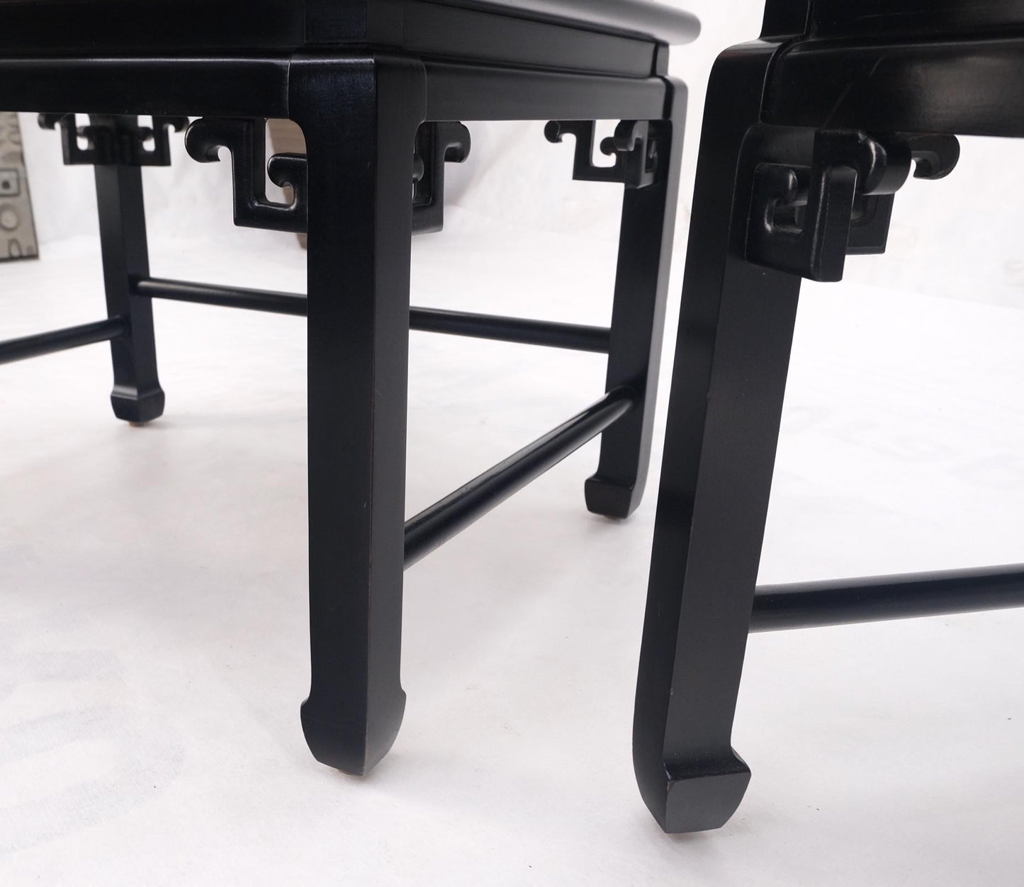 EstablishedLines Pair of Asian Modern Black Lacquer Barrel Horse Shoe Back Lounge Chairs Mint!
