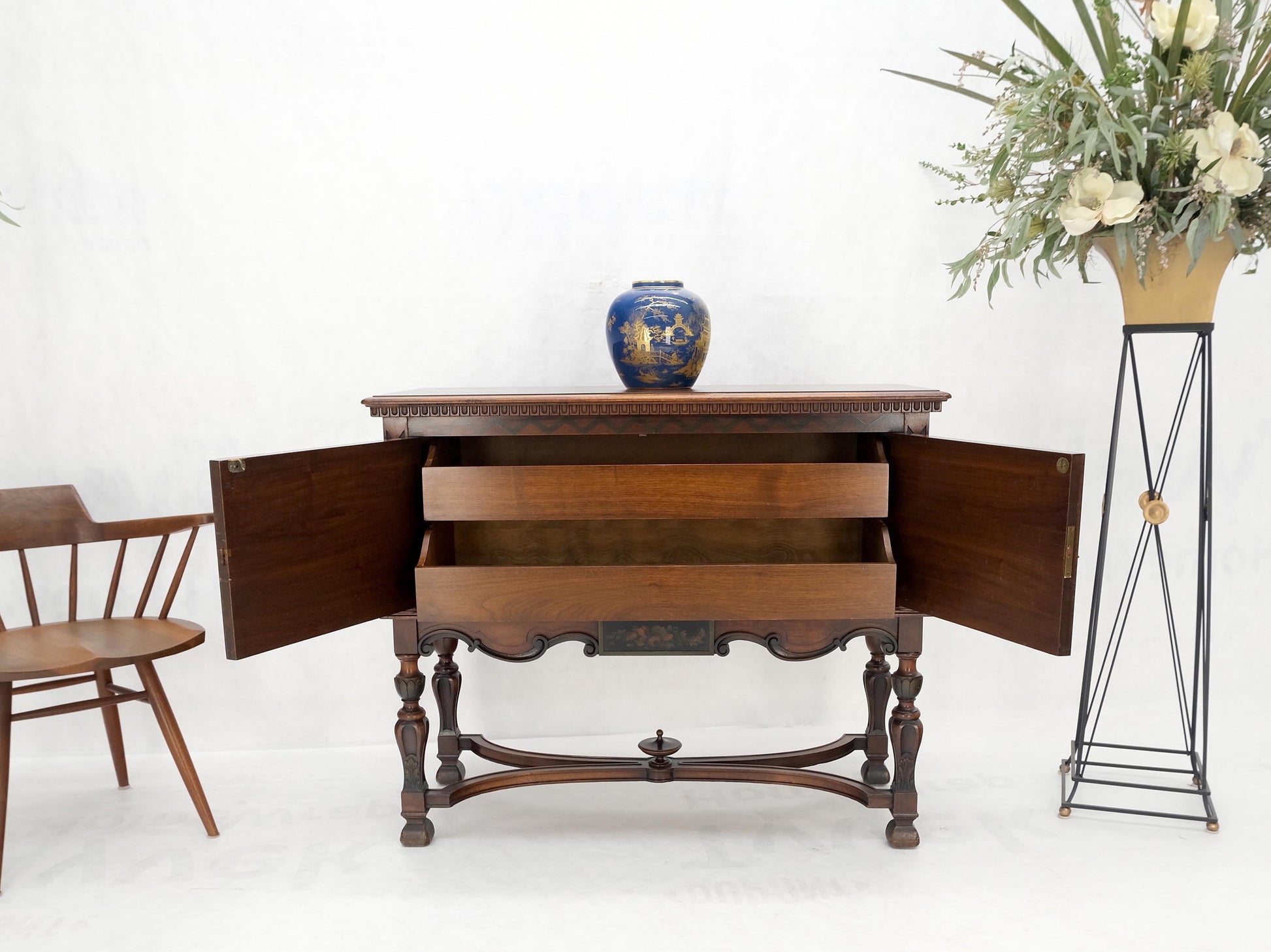 EstablishedLines Paint Decorated Two Door Jacobean Style Turned Legs Stretcher Base Server Mint!