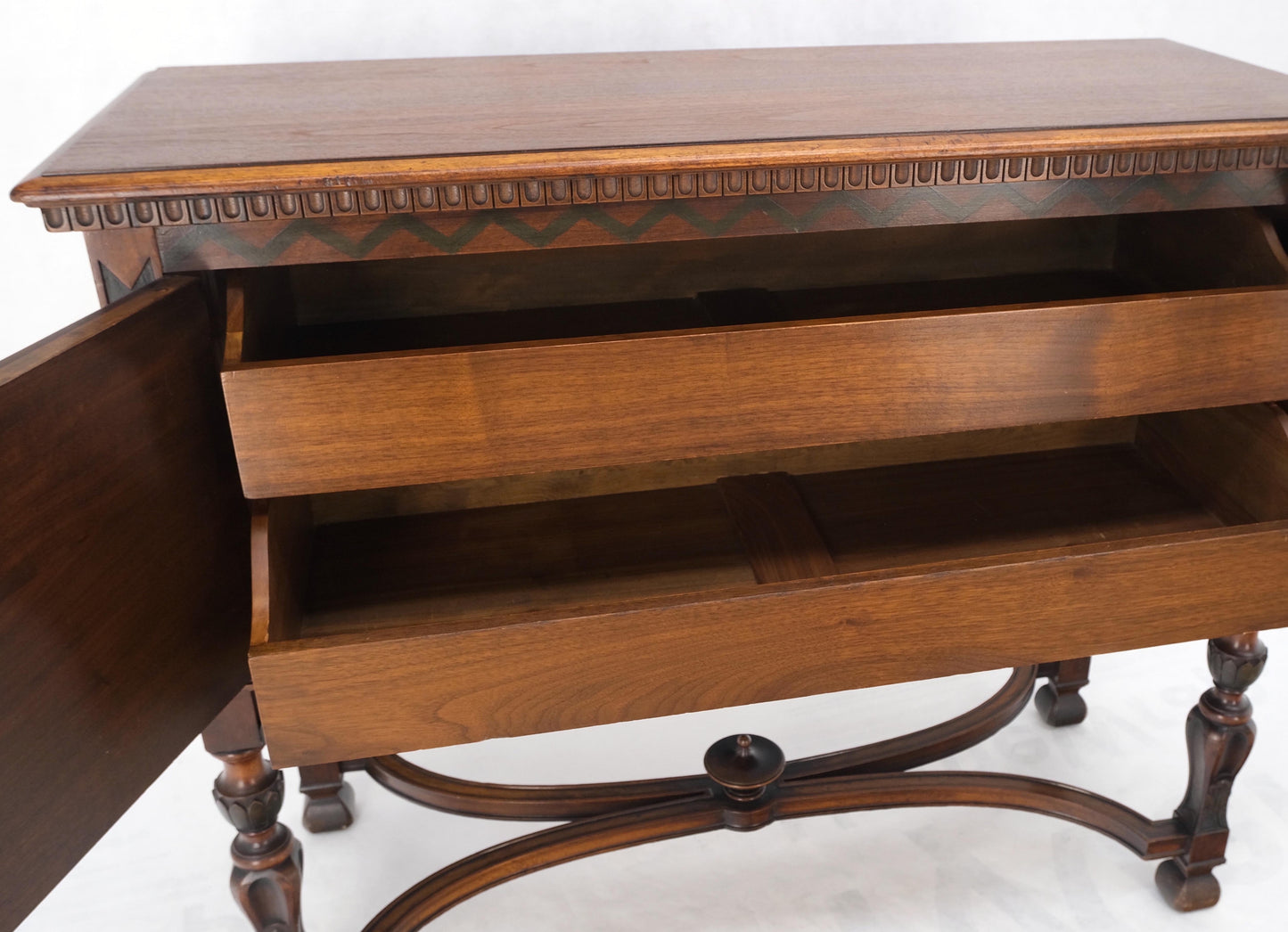 Paint Decorated Two Door Jacobean Style Turned Legs Stretcher Base Server Mint!
