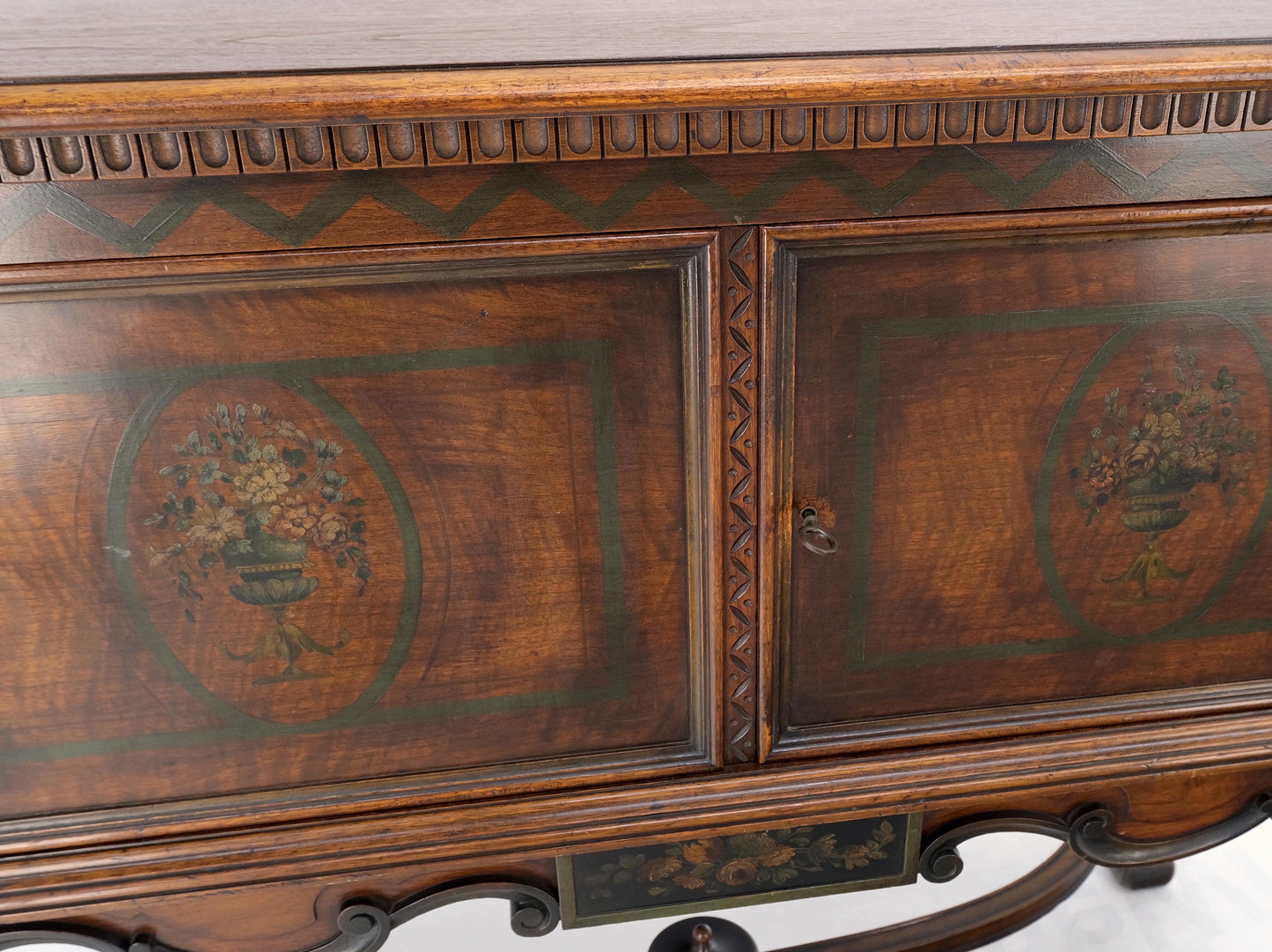 Paint Decorated Two Door Jacobean Style Turned Legs Stretcher Base Server Mint!