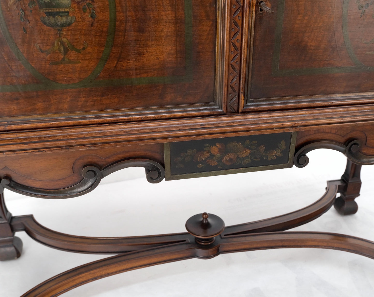 Paint Decorated Two Door Jacobean Style Turned Legs Stretcher Base Server Mint!