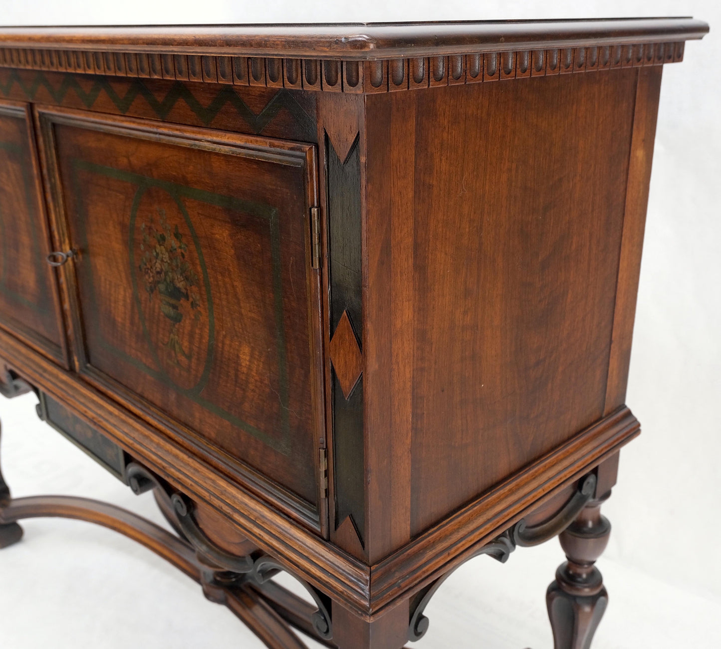 Paint Decorated Two Door Jacobean Style Turned Legs Stretcher Base Server Mint!