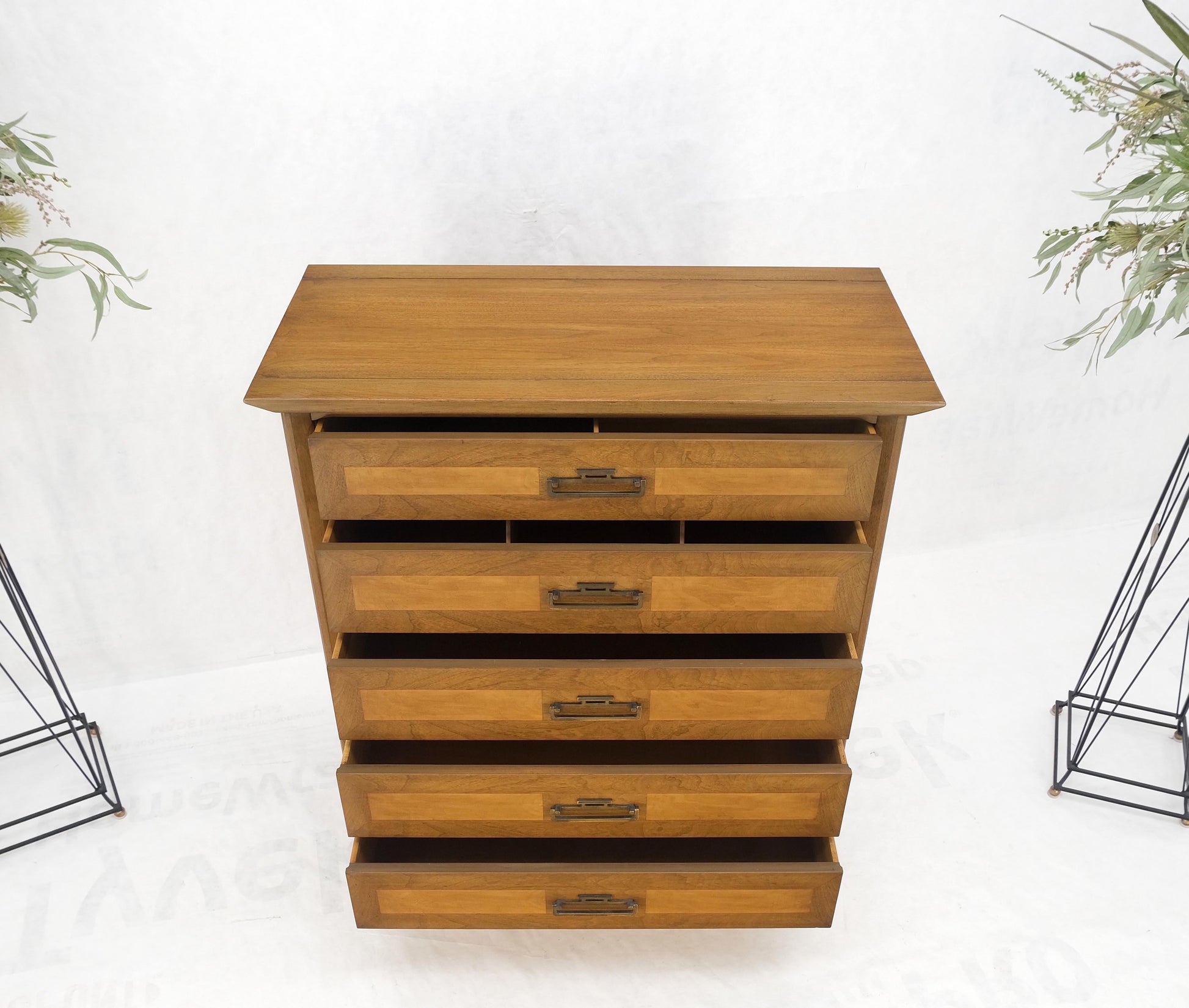 EstablishedLines American Mid-Century Modern Light Walnut Heavy Brass Drop Pulls 5 Drawer Chest