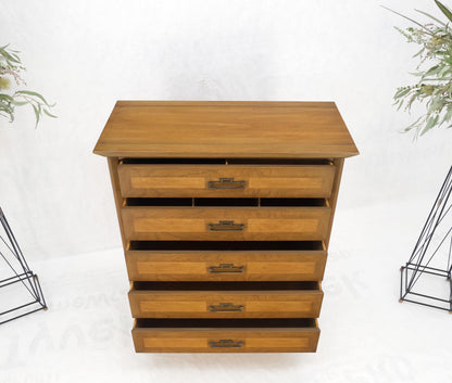 EstablishedLines American Mid-Century Modern Light Walnut Heavy Brass Drop Pulls 5 Drawer Chest