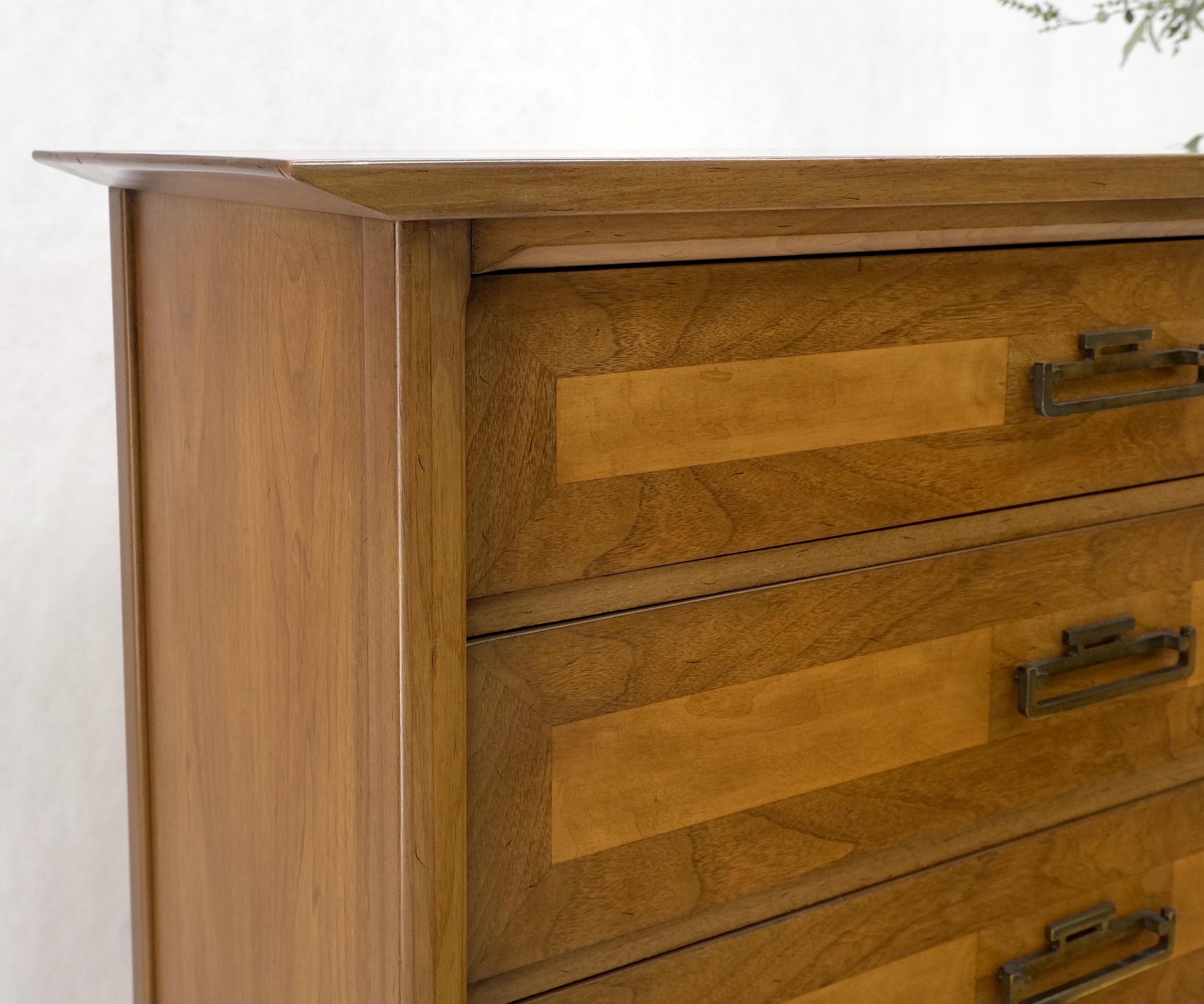 EstablishedLines American Mid-Century Modern Light Walnut Heavy Brass Drop Pulls 5 Drawer Chest