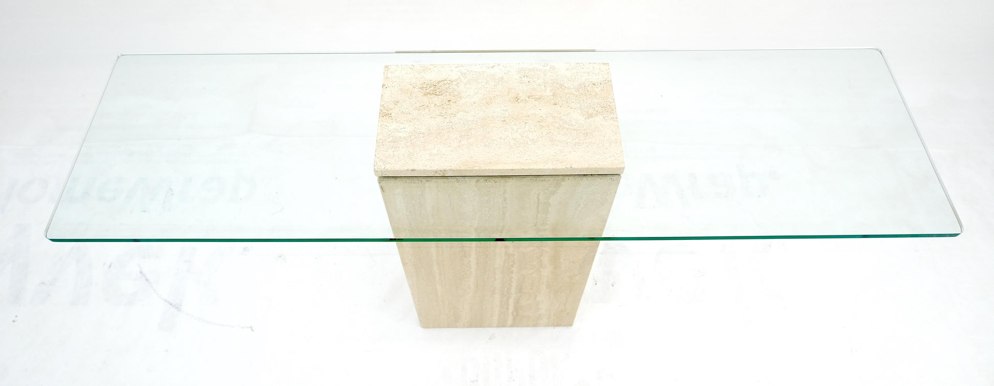 EstablishedLines Rectangle Travertine Stone Base Glass Top Italian Console Sofa Table MINT!