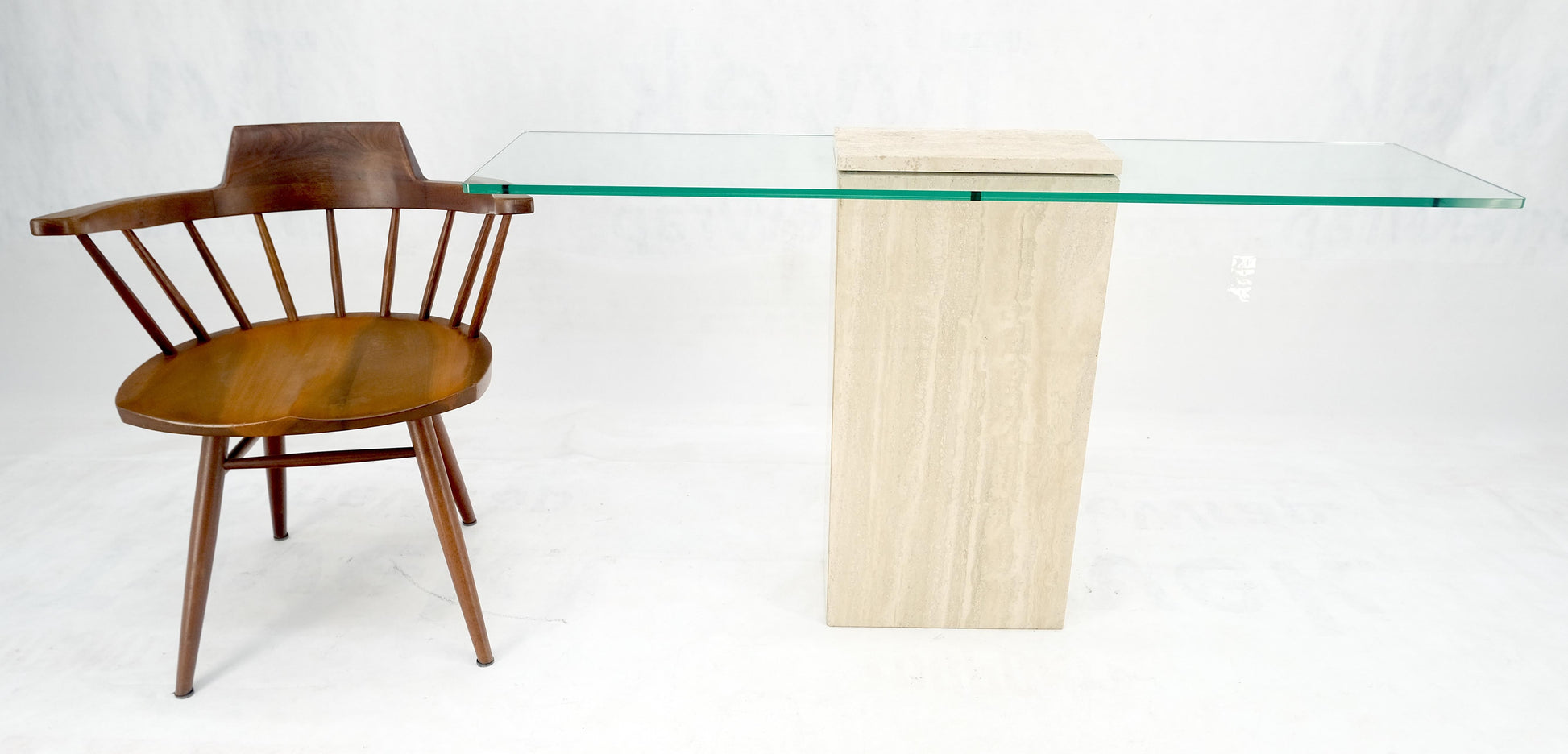 EstablishedLines Rectangle Travertine Stone Base Glass Top Italian Console Sofa Table MINT!