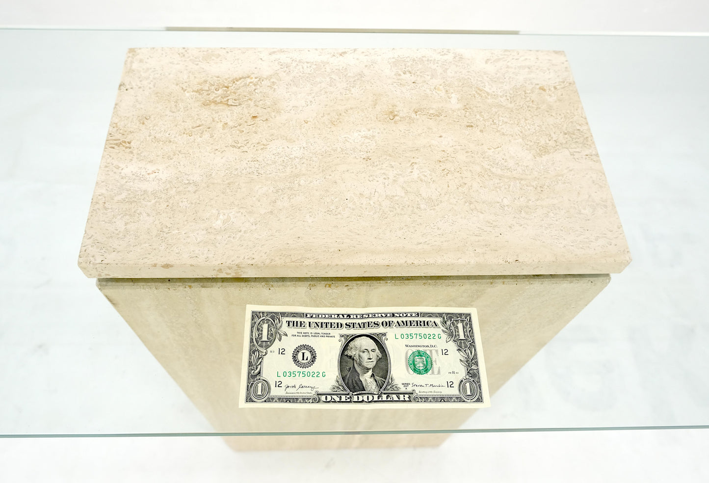 EstablishedLines Rectangle Travertine Stone Base Glass Top Italian Console Sofa Table MINT!