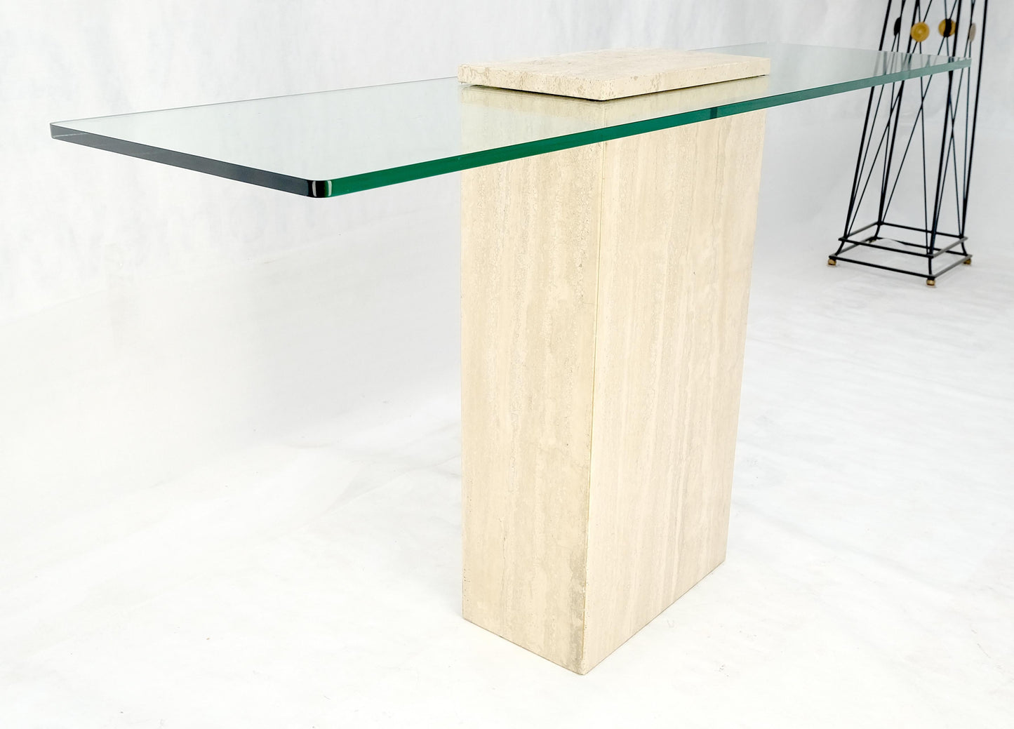 EstablishedLines Rectangle Travertine Stone Base Glass Top Italian Console Sofa Table MINT!