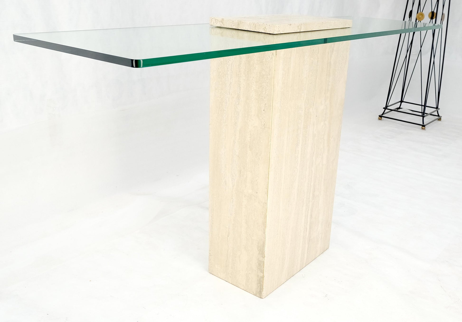 EstablishedLines Rectangle Travertine Stone Base Glass Top Italian Console Sofa Table MINT!