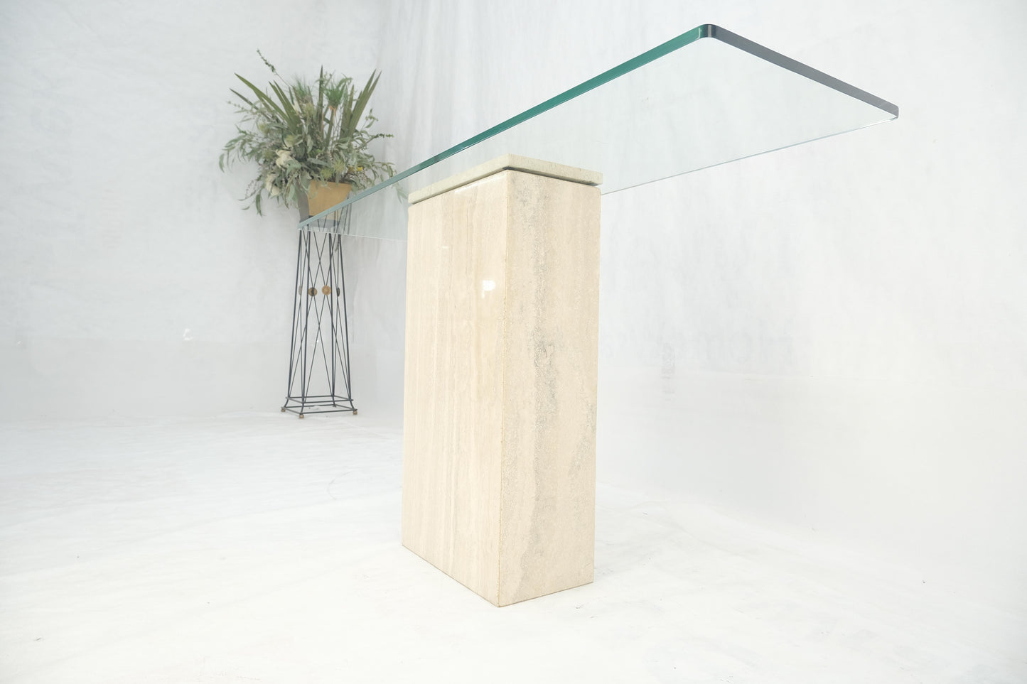 EstablishedLines Rectangle Travertine Stone Base Glass Top Italian Console Sofa Table MINT!