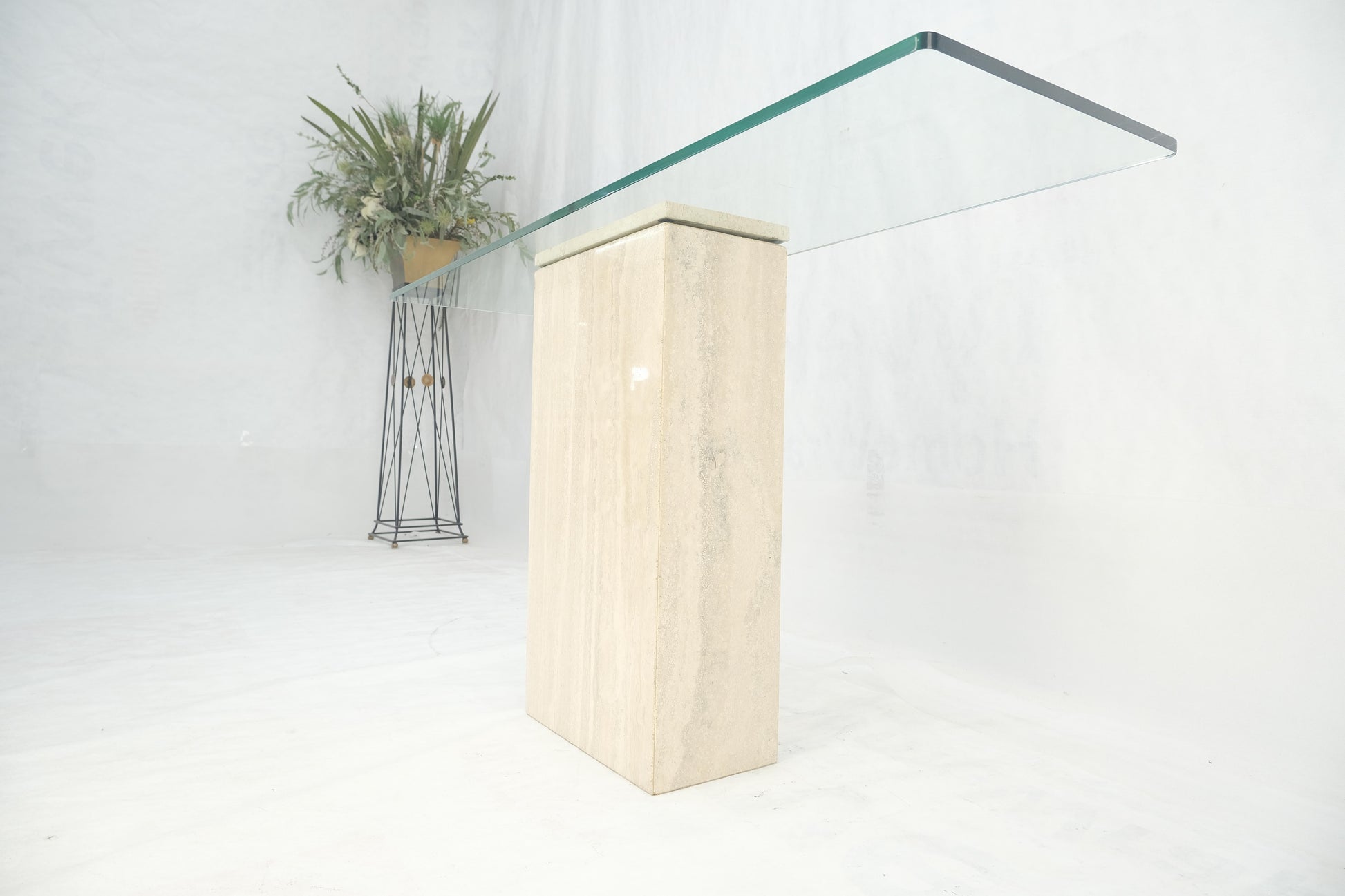 EstablishedLines Rectangle Travertine Stone Base Glass Top Italian Console Sofa Table MINT!