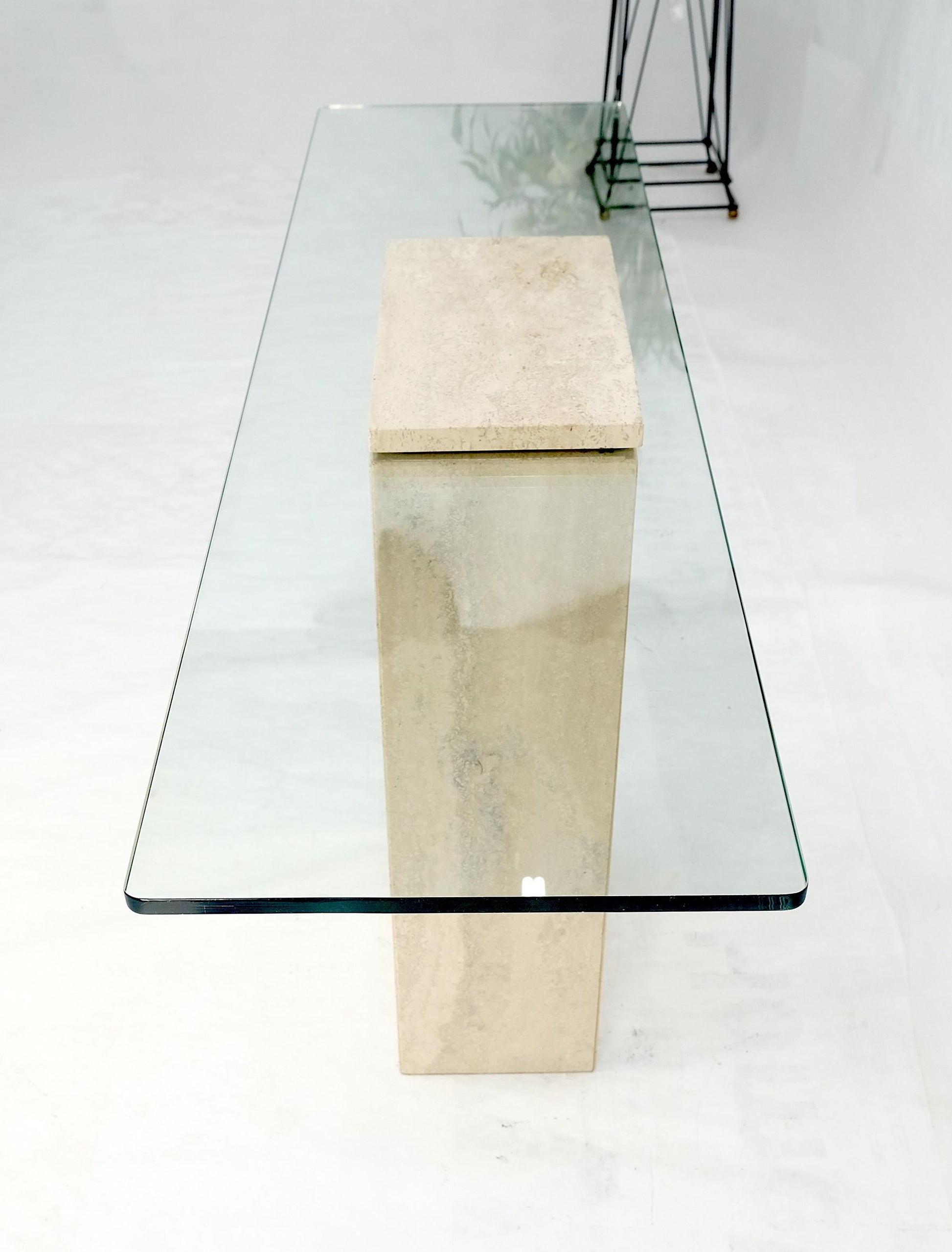 EstablishedLines Rectangle Travertine Stone Base Glass Top Italian Console Sofa Table MINT!