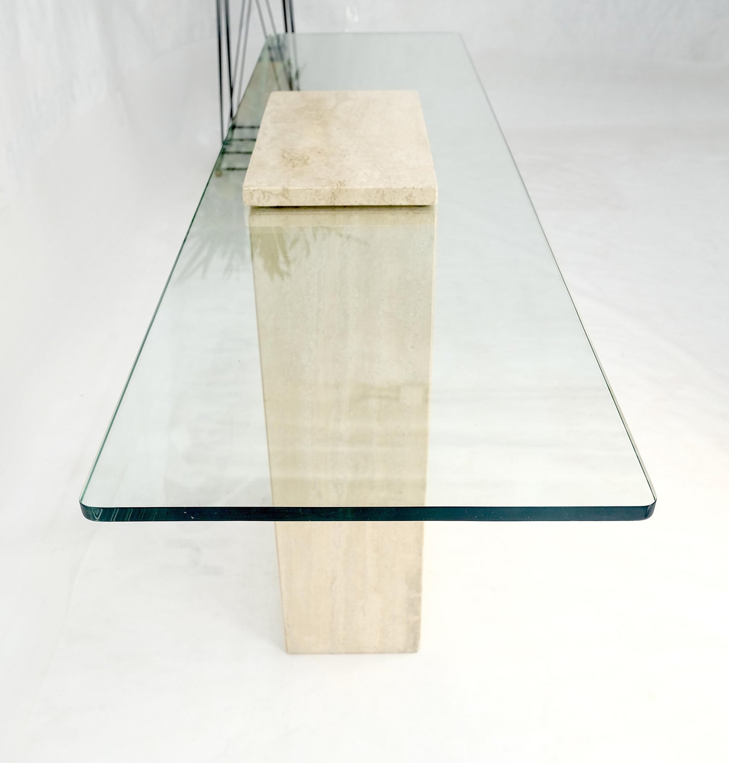 EstablishedLines Rectangle Travertine Stone Base Glass Top Italian Console Sofa Table MINT!