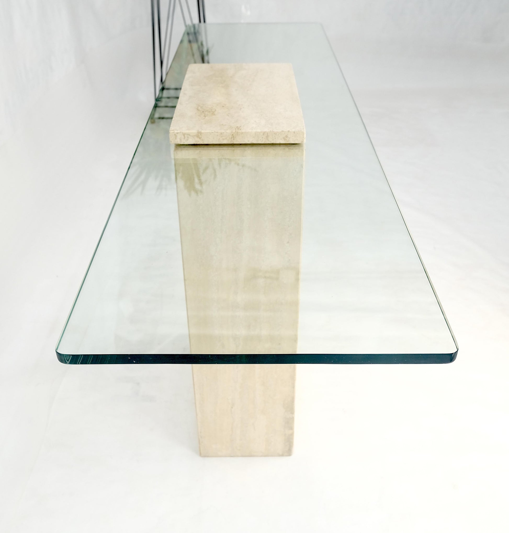 EstablishedLines Rectangle Travertine Stone Base Glass Top Italian Console Sofa Table MINT!