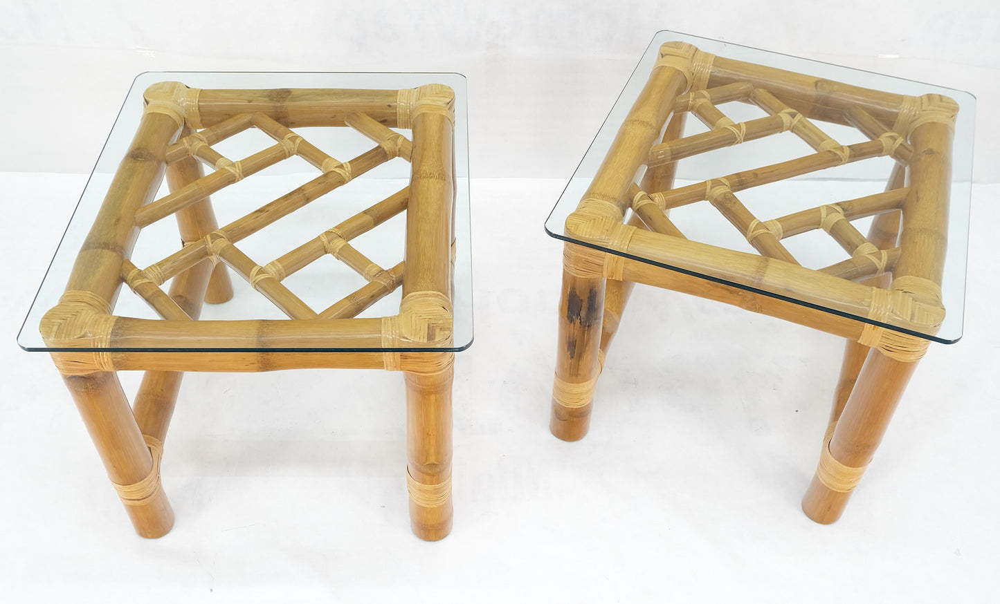 EstablishedLines Pair Thick Bamboo Glass Top Rectangle Glass Top End Side Lamp Tables MINT