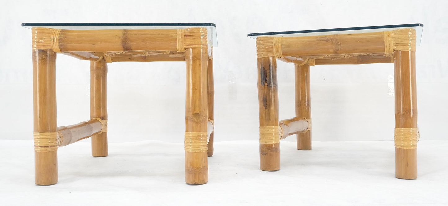 EstablishedLines Pair Thick Bamboo Glass Top Rectangle Glass Top End Side Lamp Tables MINT