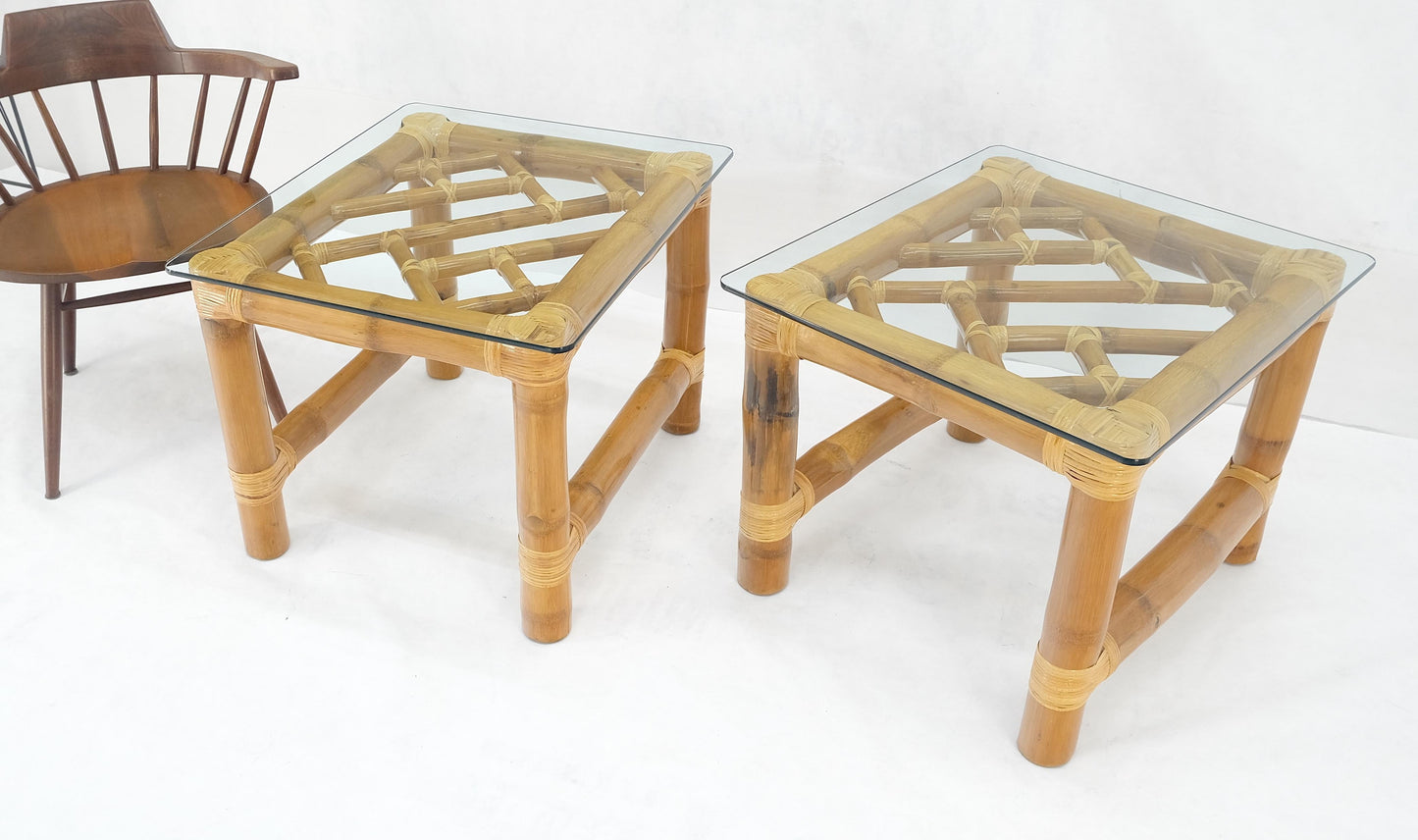 EstablishedLines Pair Thick Bamboo Glass Top Rectangle Glass Top End Side Lamp Tables MINT