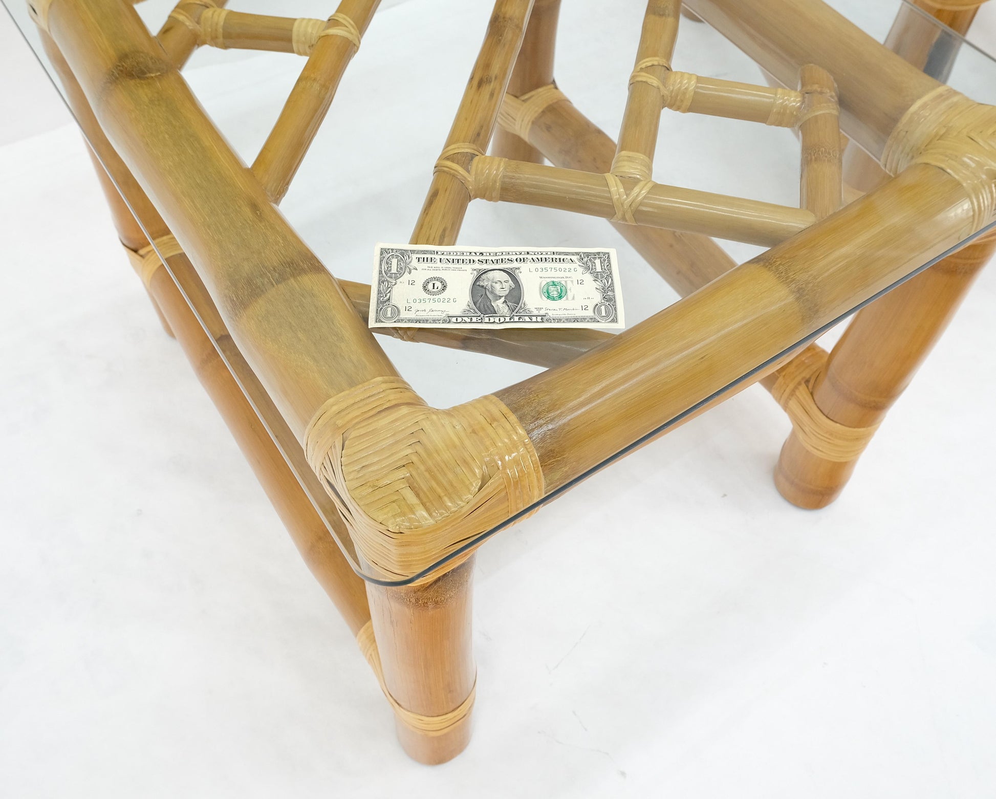 EstablishedLines Pair Thick Bamboo Glass Top Rectangle Glass Top End Side Lamp Tables MINT