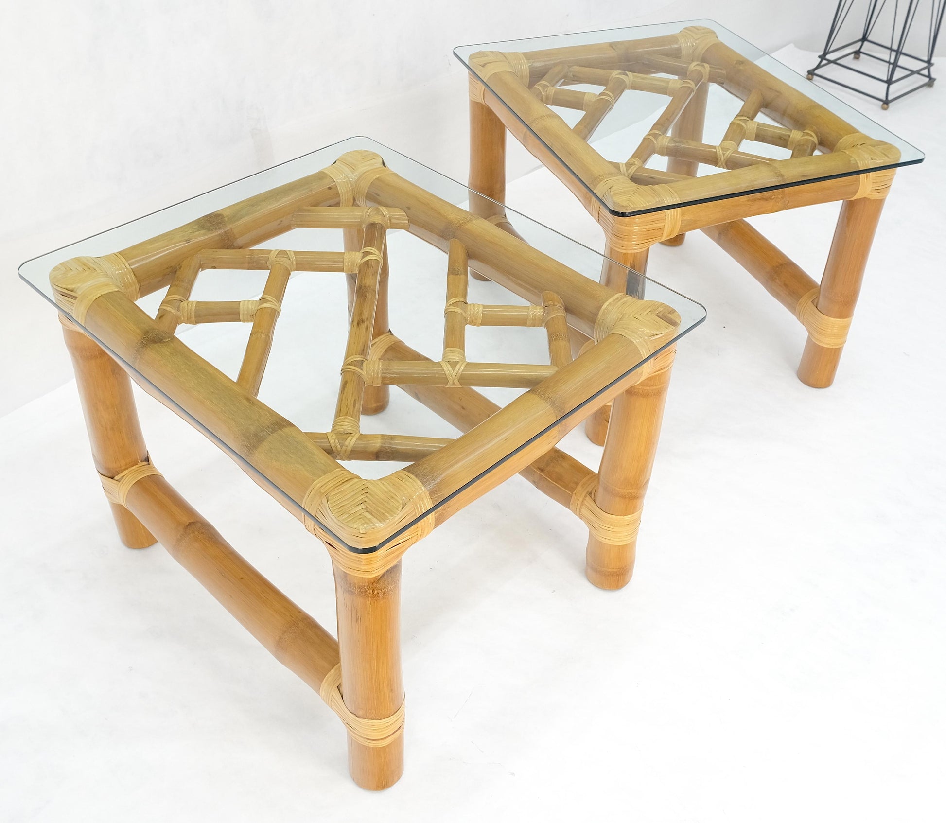 EstablishedLines Pair Thick Bamboo Glass Top Rectangle Glass Top End Side Lamp Tables MINT