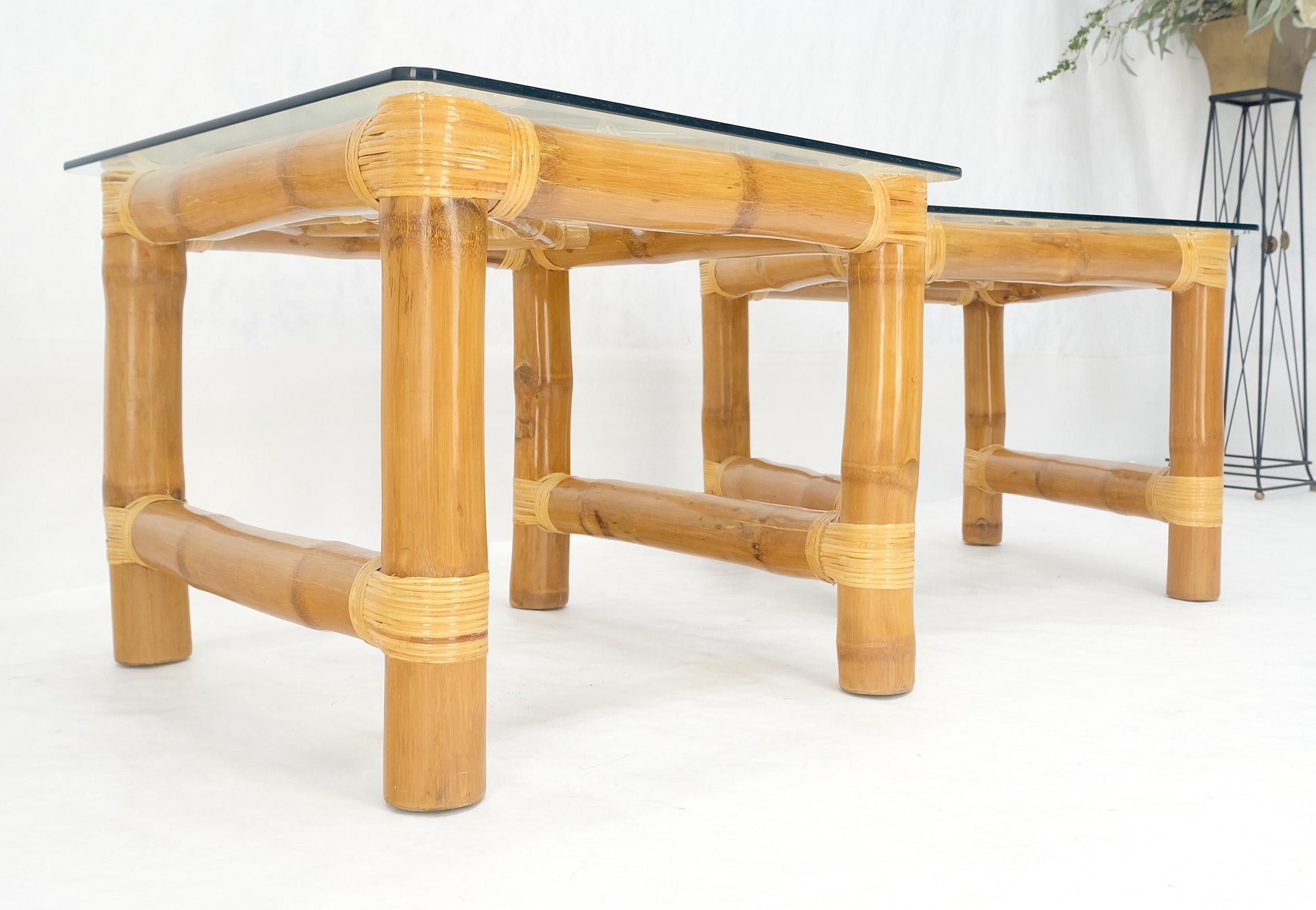 EstablishedLines Pair Thick Bamboo Glass Top Rectangle Glass Top End Side Lamp Tables MINT