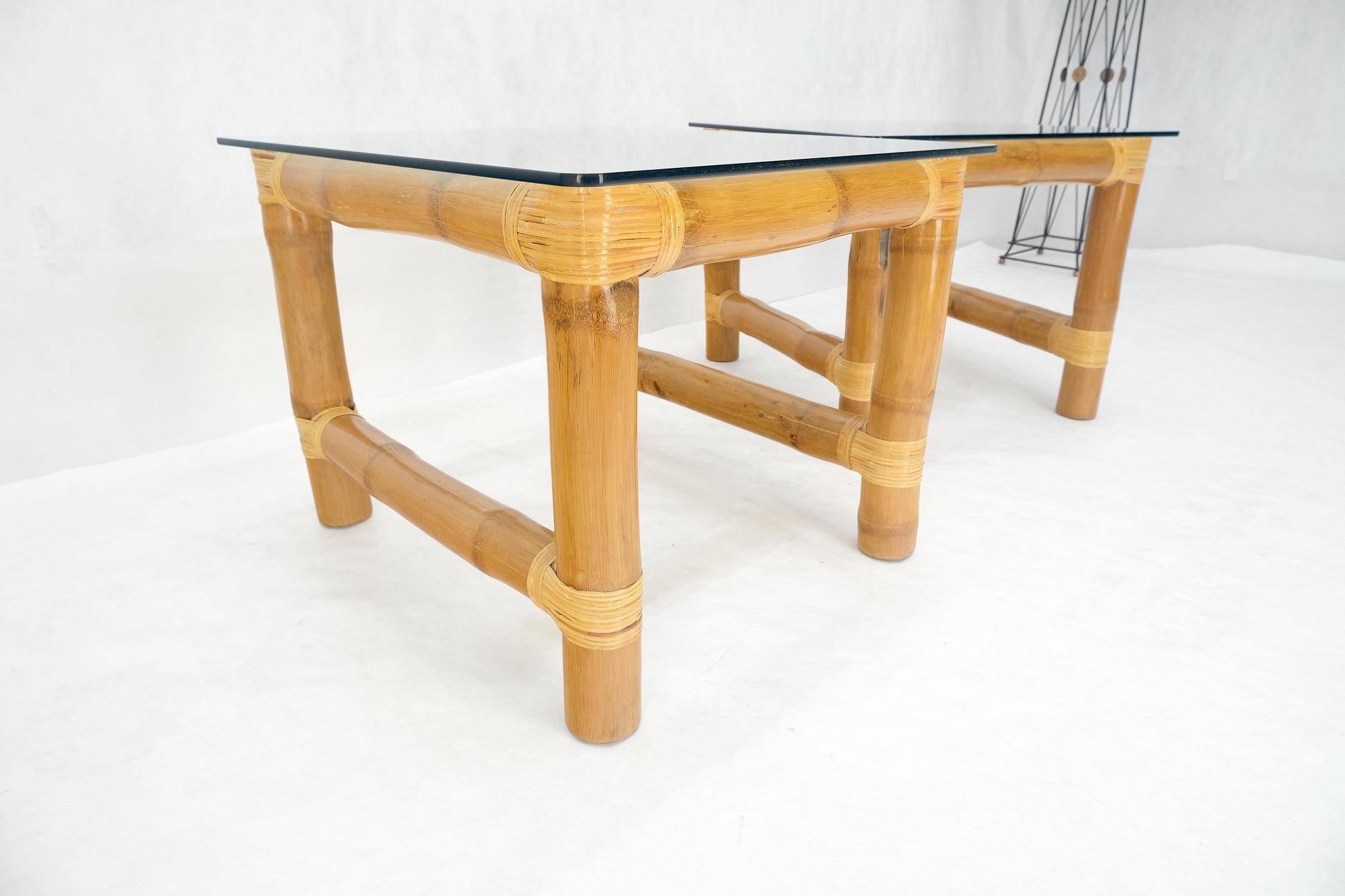 EstablishedLines Pair Thick Bamboo Glass Top Rectangle Glass Top End Side Lamp Tables MINT