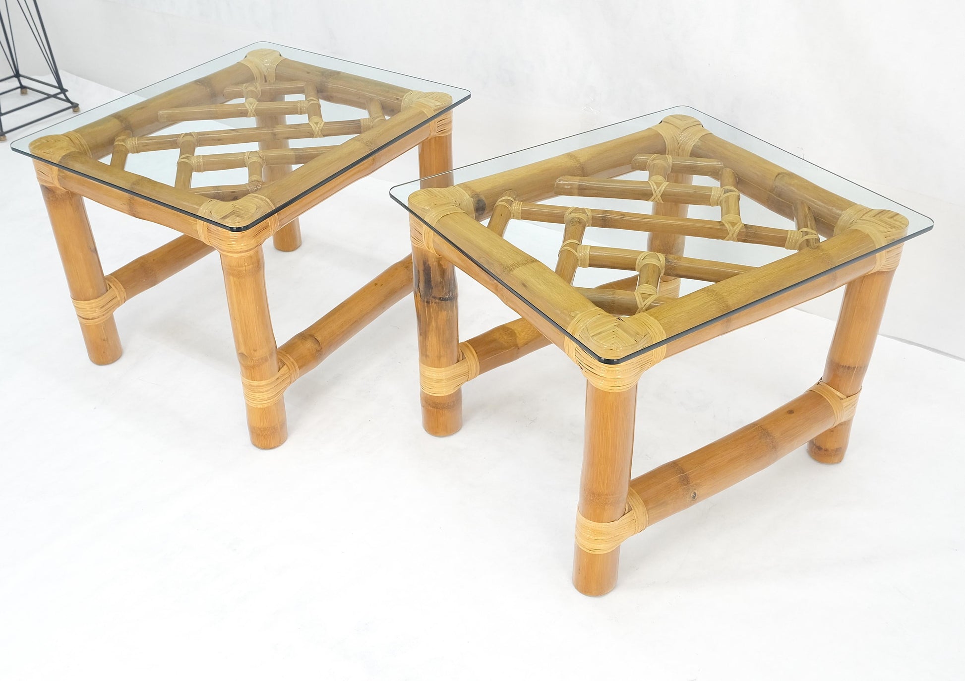 EstablishedLines Pair Thick Bamboo Glass Top Rectangle Glass Top End Side Lamp Tables MINT