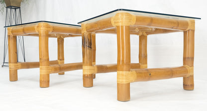 EstablishedLines Pair Thick Bamboo Glass Top Rectangle Glass Top End Side Lamp Tables MINT