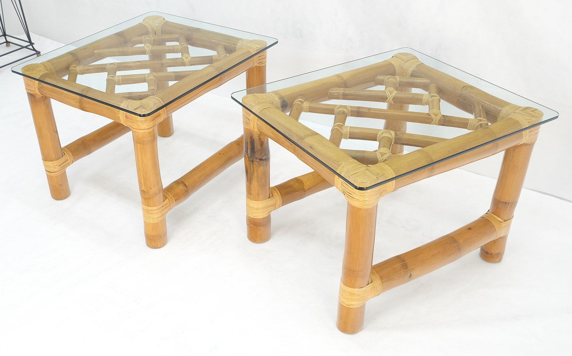 EstablishedLines Pair Thick Bamboo Glass Top Rectangle Glass Top End Side Lamp Tables MINT