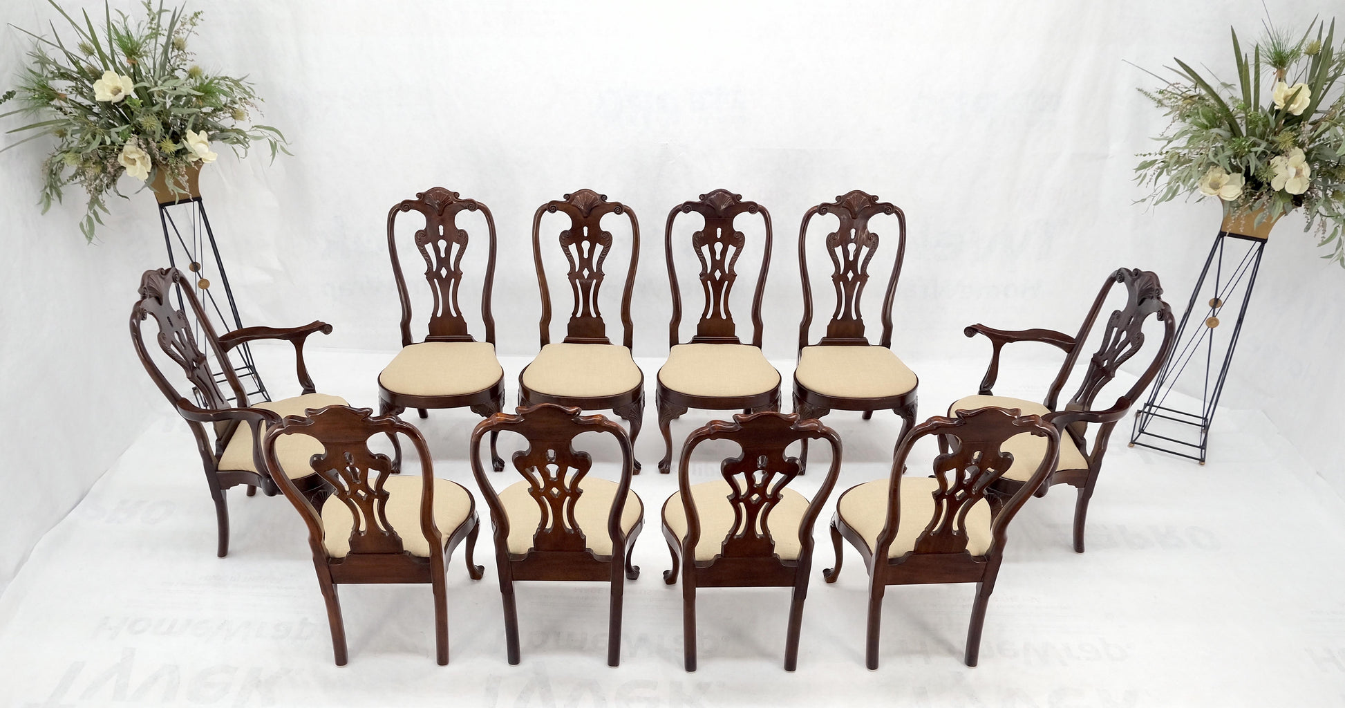 EstablishedLines Set of 10 New Linen Upholstery Walnut Dining Chairs by Henredon Mint