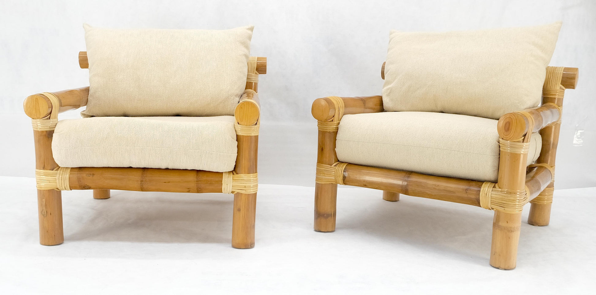 EstablishedLines Pair of Thick Bamboo Upholstered Lounge Chairs Mid Century Modern MINT