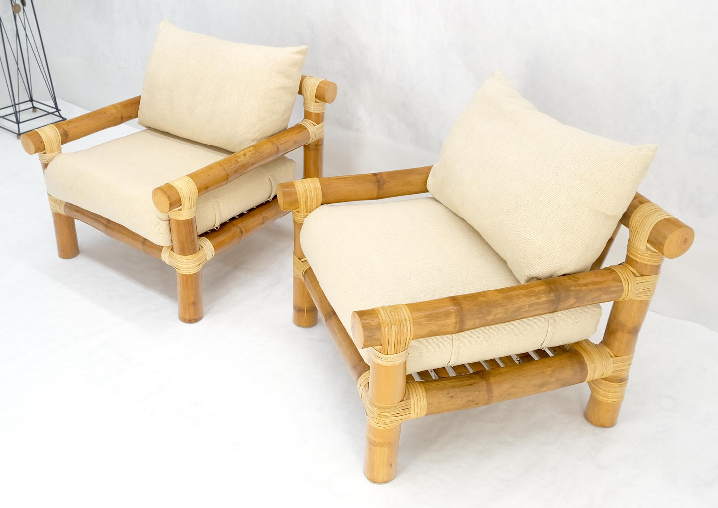 EstablishedLines Pair of Thick Bamboo Upholstered Lounge Chairs Mid Century Modern MINT