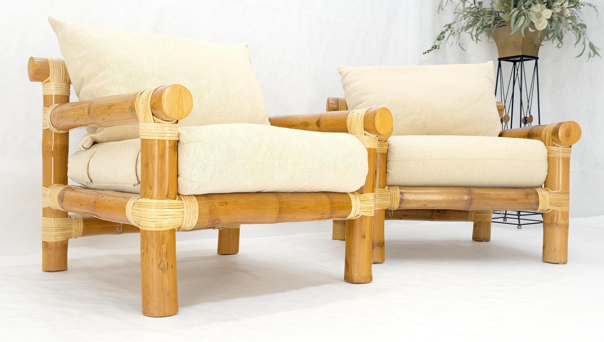 EstablishedLines Pair of Thick Bamboo Upholstered Lounge Chairs Mid Century Modern MINT