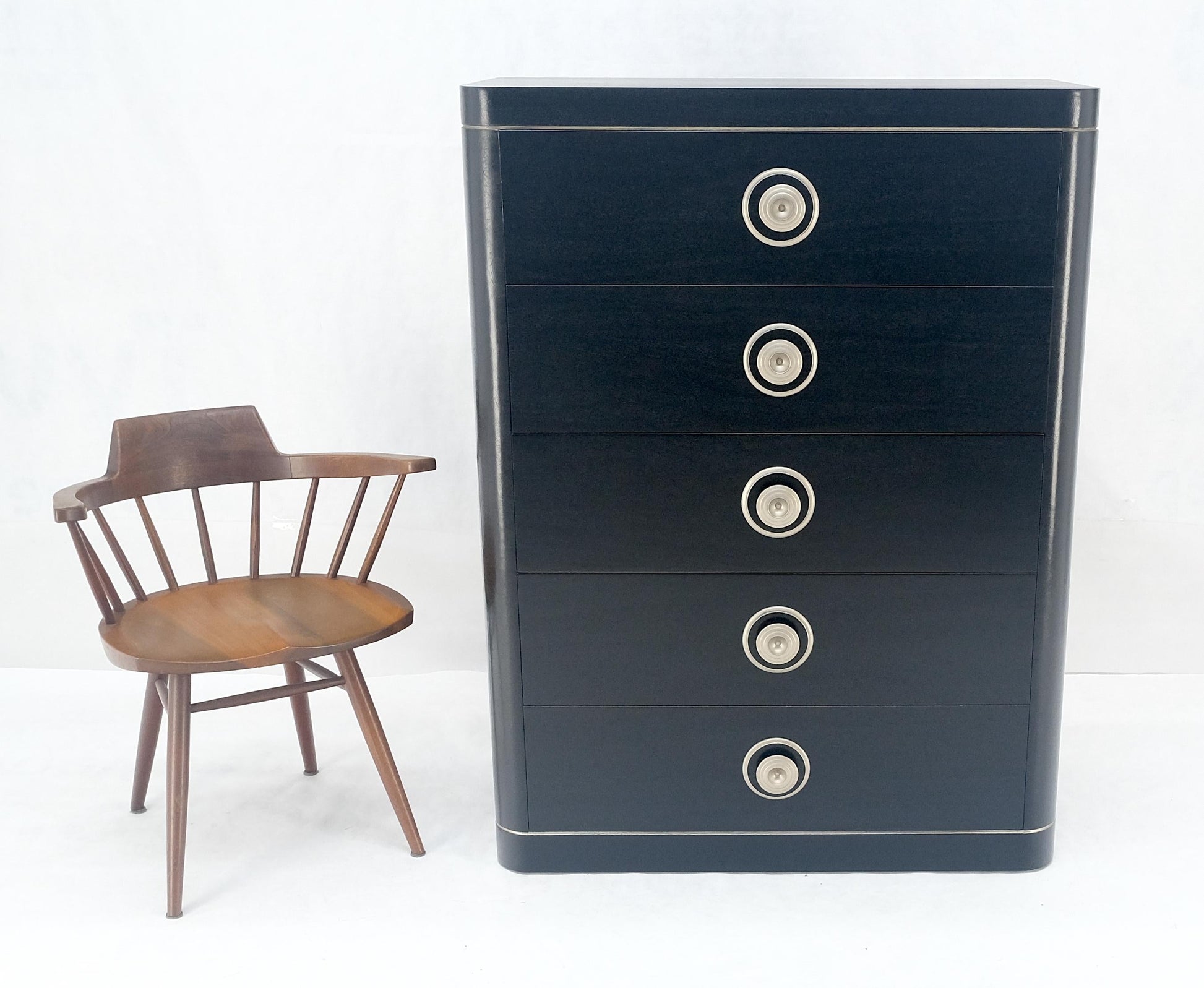 EstablishedLines Black Lacquer & Silver 5 Drawers Art Deco Tall Chest Dresser MINT